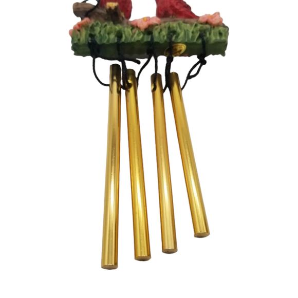 Two Red Birds Wind Chimes Resin 8"  Resting on Floral Branch Grass Metal Rod - Picture 4 of 5
